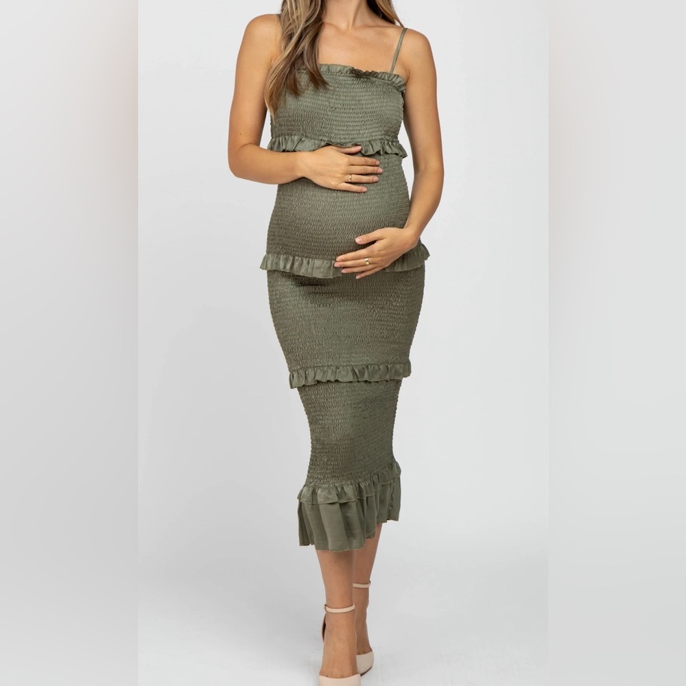 PinkBlush Olive Satin Smocked Fitted Maternity Midi Dres